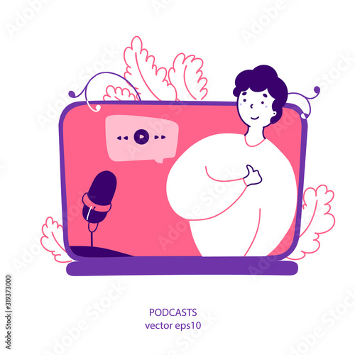 Podcaster recording radio program flat vector yellow illustration