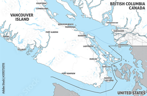 Map of Vancouver Island (Nanaimo, Victoria, Tofino) and Greater Vancouver. Canada, British Columbia. Touristic map. Simple map with little text. Shapes are optimized for better readability.   