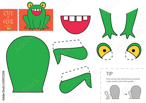 Cut and glue paper toy. Vector illustration, worksheet with cartoon cute frog character