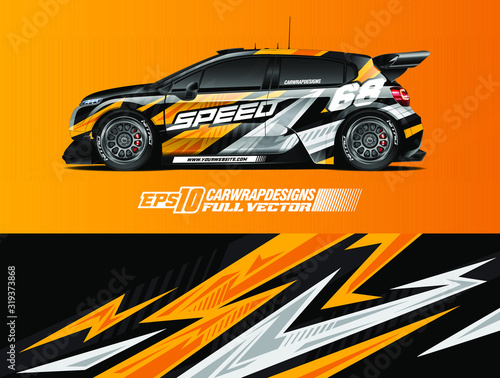 Car wrap decal graphic design. Abstract stripe racing background designs for wrap cargo van, race car, pickup truck, adventure vehicle. Eps 10