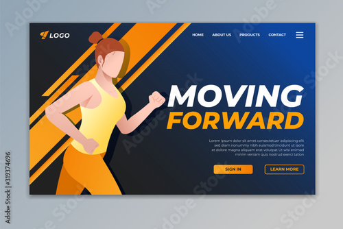Sport landing page with woman running illustration. Web page template design for gym, personal trainer and fitness center