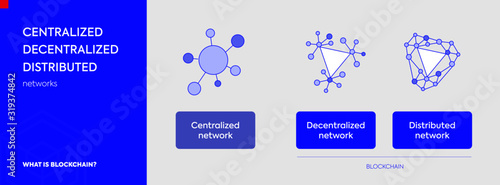 Decentralized Distributed Centralized networks and differences between. Set of blockchain icons. State of the applications. Vector isolated illustration with bright blue