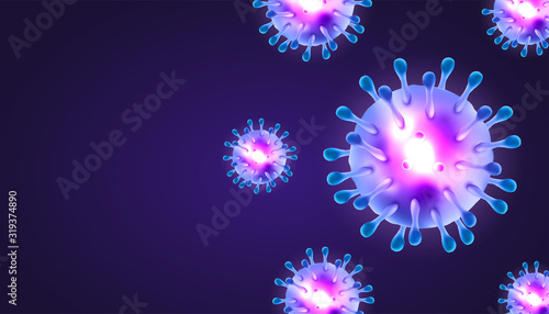 Coronaviruses 3d realistic vector in dark purple background with blank copy space. corona virus cell, wuhan virus disease. Perfect for banner information, flyer, poster, etc