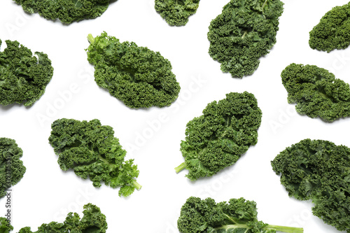 Fresh kale leaves on white background, top view