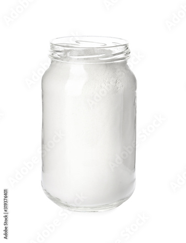 Organic flour in glass jar isolated on white