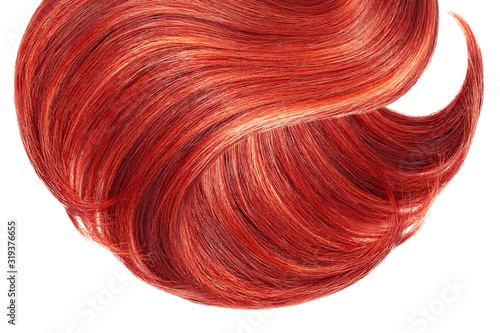 Red hair isolated on white background. Long ponytail