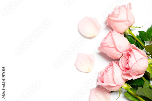 Light pink rose flowers compositions on white background with space for text.Sweet and romantic concept.Top view and flat lay background.