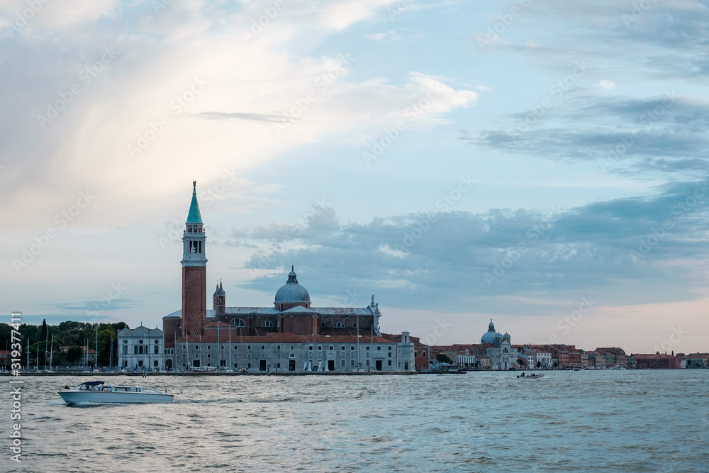 Fototapeta premium San Giorgio Maggiore Island at sunset, Venice, Italy, view from sea