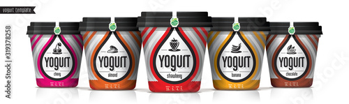Yogurt vector packaging design. Fruit and nuts yogurt set.