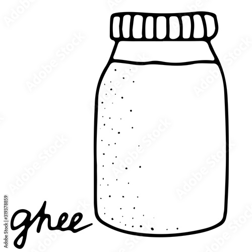Hand drawn isolated indian food icon. Black outline illustration of indian melted butter. Ghee jar. Drawn butter.