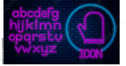 Glowing neon Oven glove icon isolated on brick wall background. Kitchen potholder sign. Cooking glove. Neon light alphabet. Vector Illustration
