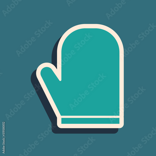 Green Oven glove icon isolated on blue background. Kitchen potholder sign. Cooking glove. Long shadow style. Vector Illustration