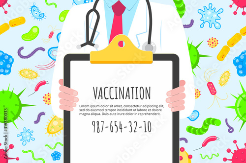 Vaccination banner concept flat style design poster. Male man doctor employee on it holding clipboard and arounded with hospital equipment and medicines. Medical awareness flu, polio influenza banner.