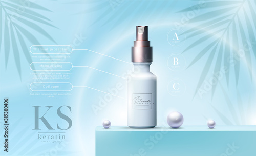 Vector 3D elegant cosmetic products background premium oil spray for skin care products. Luxury facial cream. Cosmetic ads flyer or banner design. Blue cosmetic cream template. Makeup products brand.