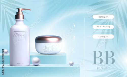 Vector 3D elegant cosmetic products background premium cream jar for skin care products. Luxury facial cream. Cosmetic ads flyer or banner design. Blue cosmetic cream template. Makeup products brand.