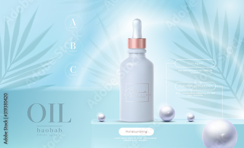 Vector 3D elegant cosmetic products background premium dropper for skin care products. Luxury fashion oil. Cosmetic ads flyer or banner design. Blue cosmetic cream template. Makeup products brand.