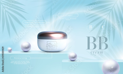 Vector 3D elegant cosmetic products background premium cream jar for skin care products. Luxury facial cream. Cosmetic ads flyer or banner design. Blue cosmetic cream template. Makeup products brand.