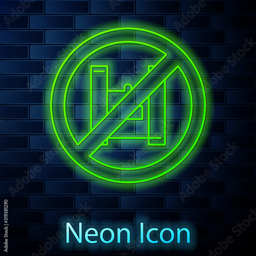 Glowing neon line Say no to plastic bags poster icon isolated on brick wall background. Disposable cellophane and polythene package prohibition sign. Vector Illustration