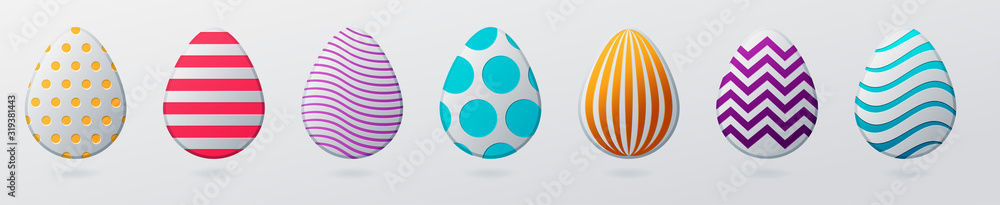 Colorful easter eggs. Set of egg with dot patterns, spiral and lines pattern on a for design for cards, posters, invitations for Easter. Colorful easter eggs. Set of egg with dot patterns, spiral and lines pattern on a for design for cards, posters, invitations for Easter.