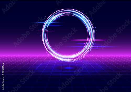 Vaporwave style. Retrofuturistic landscape with perspective grid and glowing circle. Background synth and vaporwave style for electronic music, posters and wallpaper.