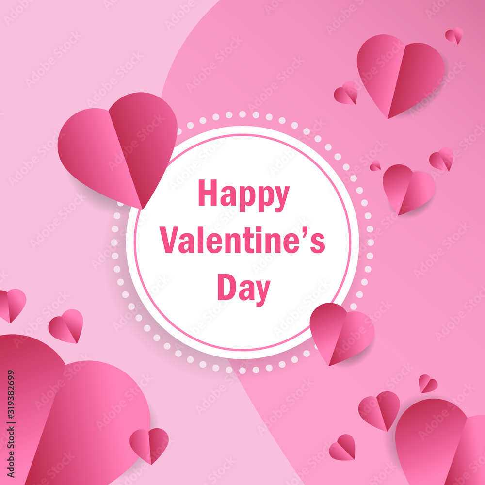 Happy Valentine's Day Background, Vector Illustration, Pink heart paper style template, design for banner or greeting card.