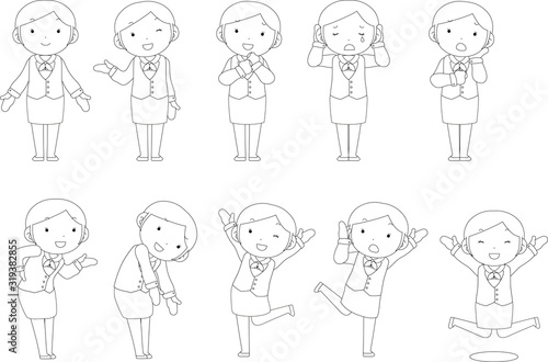 Cute pose of cute Female bank clerk outline set