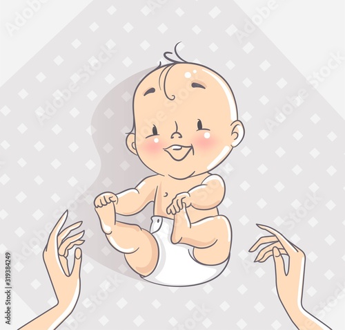 Top View of Cute Little Baby Boy Lying on Bed and Mother`s Hands. Changing Diaper Vector Illustration