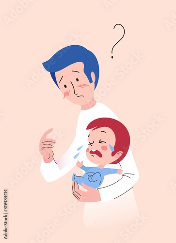 Worried Father Holding his Newborn Boy Crying. Vector Illustration
