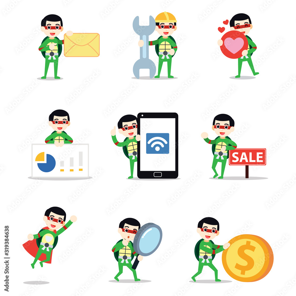 Set of character man with ninja turtle costume. Set of character man with ninja turtle costume.