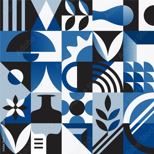 Abstract Seamless Pattern with Geometric Shapes and Home Decor Elements. Vector illustration