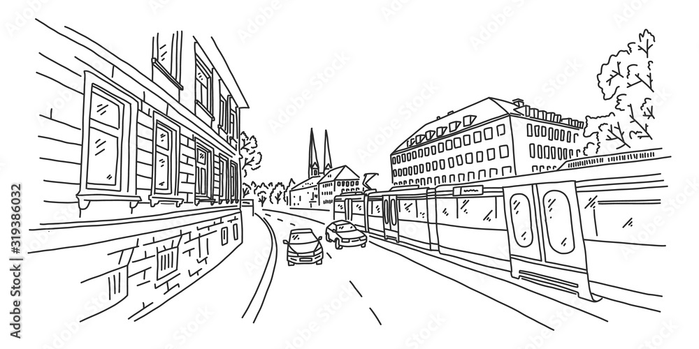 Bielefeld, view city street, sketch illustration.