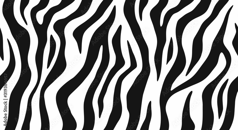 Zebra skin, stripes pattern. Animal print, black and white detailed and realistic texture. Monochrome seamless background. Vector illustration 