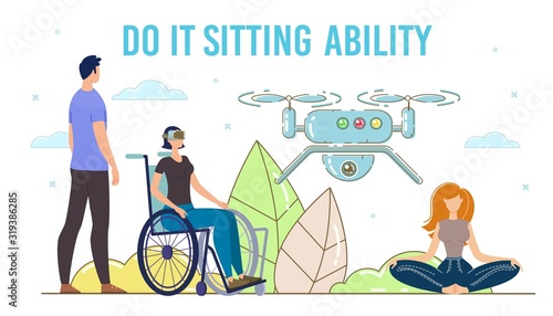Digital Technologies, Modern Gadgets and Devices for Disabled People Trendy Flat Vector Concept. Disabled Woman, Injured Lady in Wheelchair Using VR Headset to Controlling Flying Drone Illustration