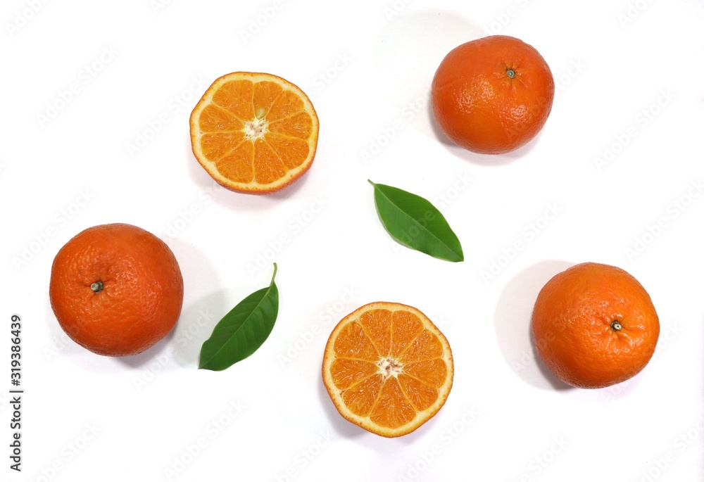 slice orange with leaf on white background slice orange with leaf on white background