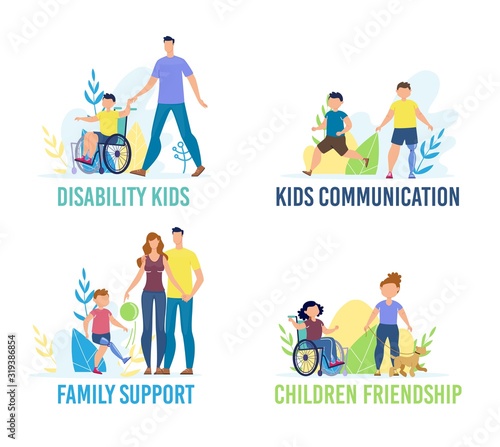 Disabled Children Communication, Friendship and Support Trendy Flat Vector Banner, Poster Template. Child with Special Needs, Handicapped Boy on Wheelchair, Injured Kid with Prosthesis Illustration