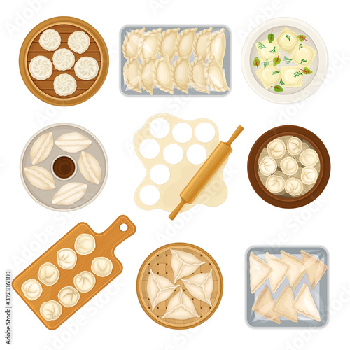 Stuffed Dumplings Rested on Plates and Wooden Cutting Boards Top and Side View Vector Set