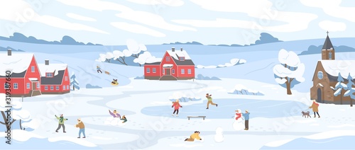 Panorama of winter landscape with leisure people vector illustration. Happy cartoon characters enjoy outdoor activity. Man, woman and children sledding, ice skating, skiing, playing snowballs at park