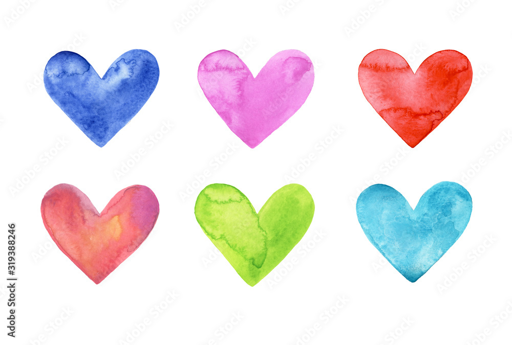Set of six multi-colored watercolor hearts on a white isolated background. Turquoise, pink, orange, red, green, blue heart. 5th Valentine's Day. Symbol of love. Bright juicy heart-shaped acrylic spots