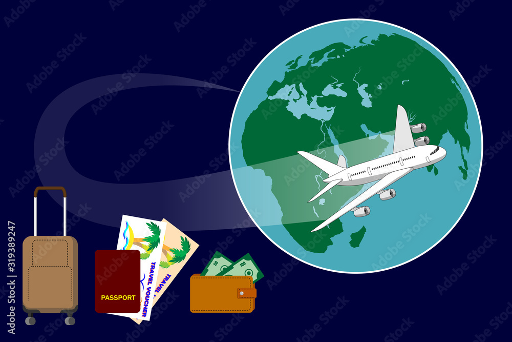 Passenger plane takes off against the background of the planet Earth, with a suitcase, passport, purse Passenger plane takes off against the background of the planet Earth, with a suitcase, passport, purse