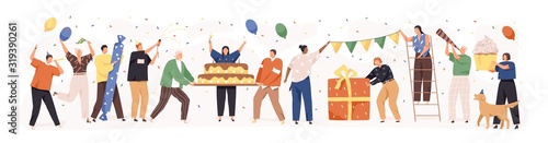 Foto Set of happy cartoon people having fun at birthday party vector flat illustration