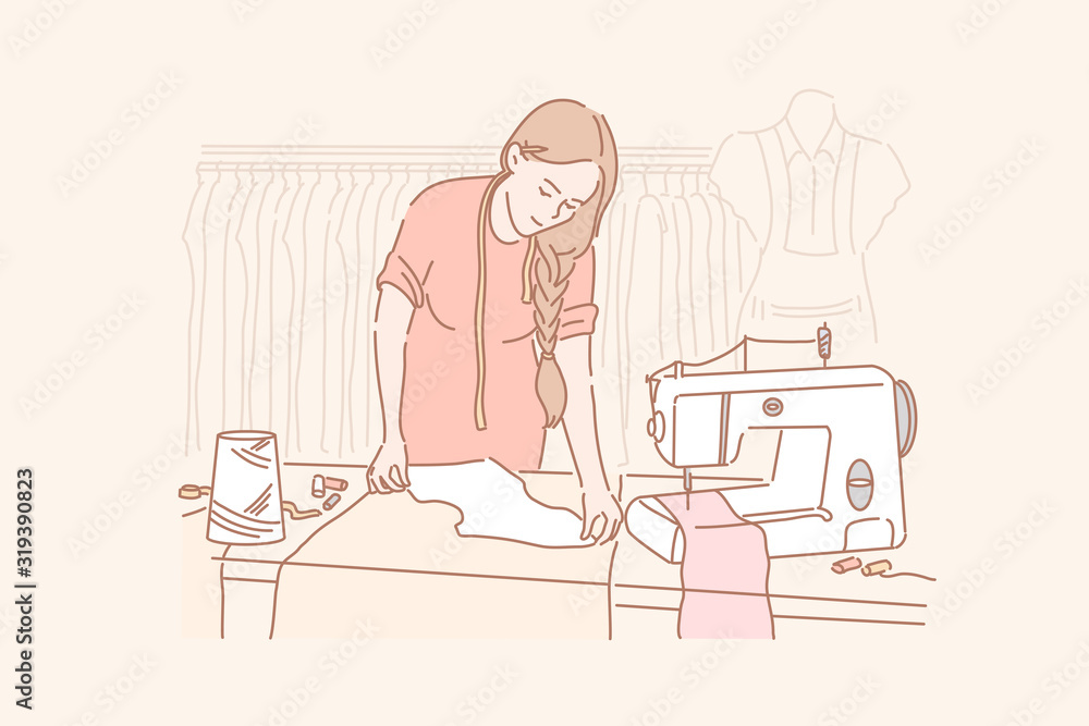 Tailor, dressmaking, sewing concept. Young woman is sewing clothes in her clothing store. Dressmaking is profitable business. Happy girl tailor is darning blouse in fabric. Simple flat vector
