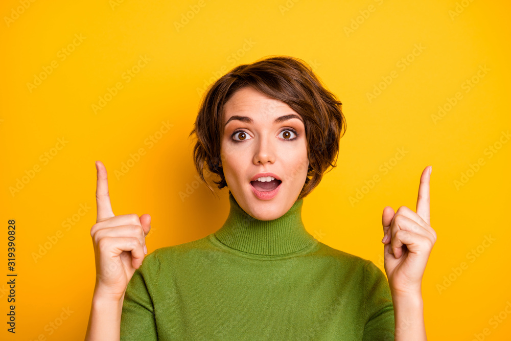 Close up photo of crazy astonished girl promoter point index finger up copyspace present incredible ads promo impressed scream wow omg wear good look jumper isolated bright color background Close up photo of crazy astonished girl promoter point index finger up copyspace present incredible ads promo impressed scream wow omg wear good look jumper isolated bright color background