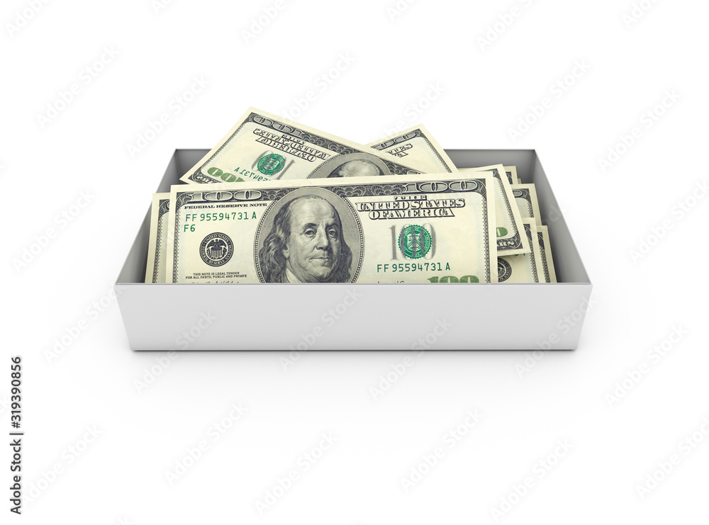 Stack of Dollar Banknotes in Box Stack of Dollar Banknotes in Box