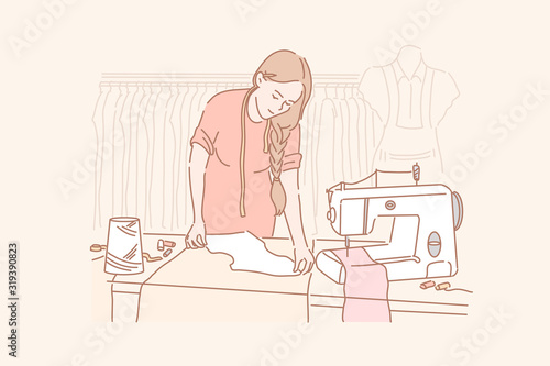 Tailor, dressmaking, sewing concept. Young woman is sewing clothes in her clothing store. Dressmaking is profitable business. Happy girl tailor is darning blouse in fabric. Simple flat vector