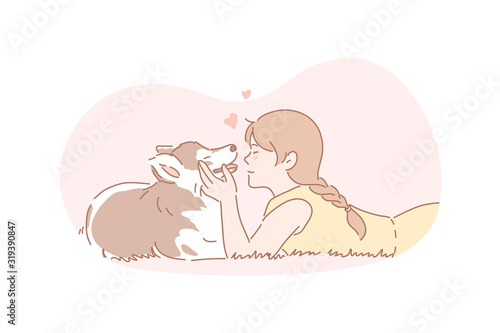 Owner, dog, pet, care concept. Young girl cares about her dog. Happy child is hugging domestic pet. True friendship between human and animal. Owner and pet is devoted to each other. Simple flat vector