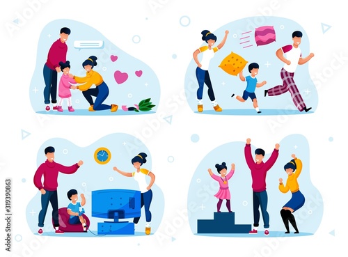 happy family life scenes, daily situations trendy flat vector set. parents calming down crying daughter, fighting with pillows, playing video game, celebrating kid achievement isolated illustration