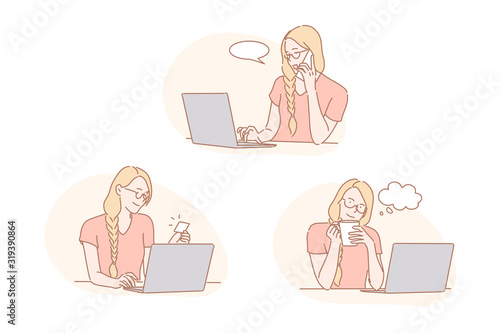 Communication, thinking, online payment set concept. Woman makes online payment on internet. Girl has job interview calling number on visiting card. Businesswoman waits for answer. Simple flat vector