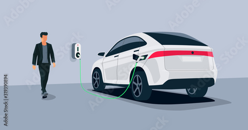 Electric car charging in underground garage home plugged charger station. Vector illustration battery EV vehicle standing parking connected to wallbox. Vehicle being charged with power supply socket. 