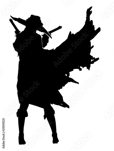 A cowboy woman with two pistols crossed on her chest , wearing a large hat and a long raincoat fluttering in the wind, stands in a dramatic pose. 2D illustration