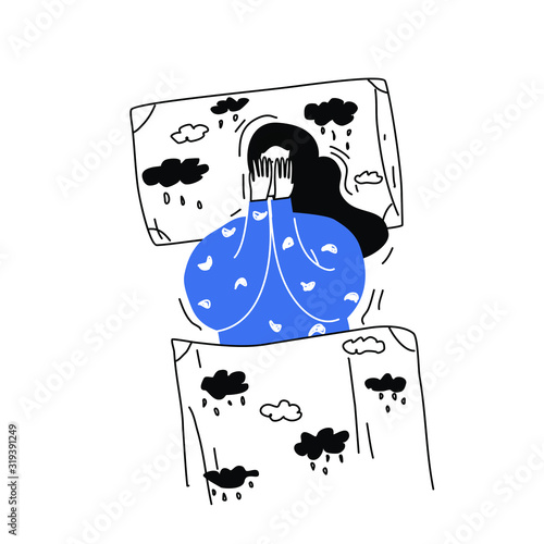 Depressed unhappy girl. Sad crying lonely young woman lie in bed.  Female character in sorrow, depression, sadness. Mental disorder or illness. Colorful vector illustration in flat cartoon style